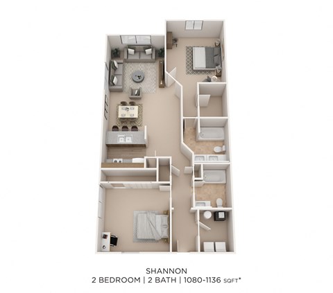 Floor plan for 2 beds, 2 baths, 1080 sqft